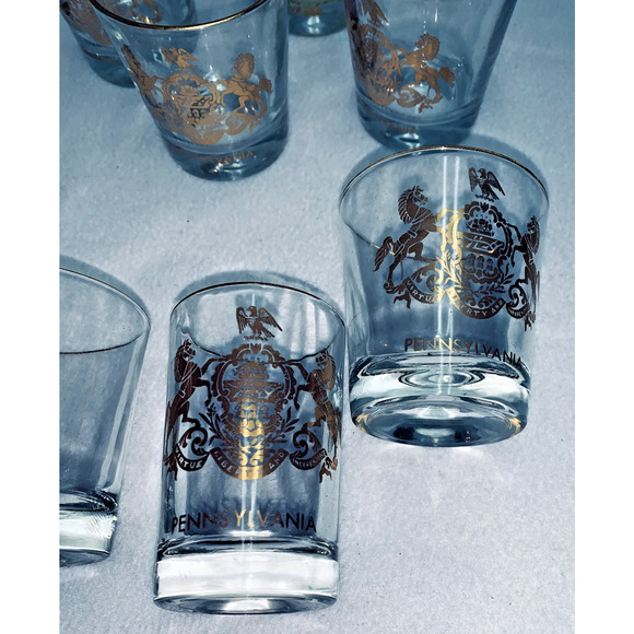 14 Pc Vtg Pennsylvania Coat of Arms Barware Set Shaker Glasses Gold Gilding NOS - Picture 4 of 15